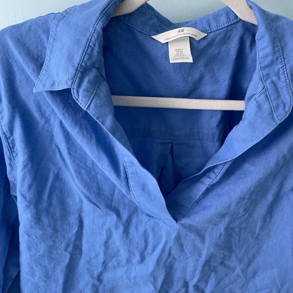 Blue linen popover shirt/ blouse long sleeve and collared - Picture 3 of 3